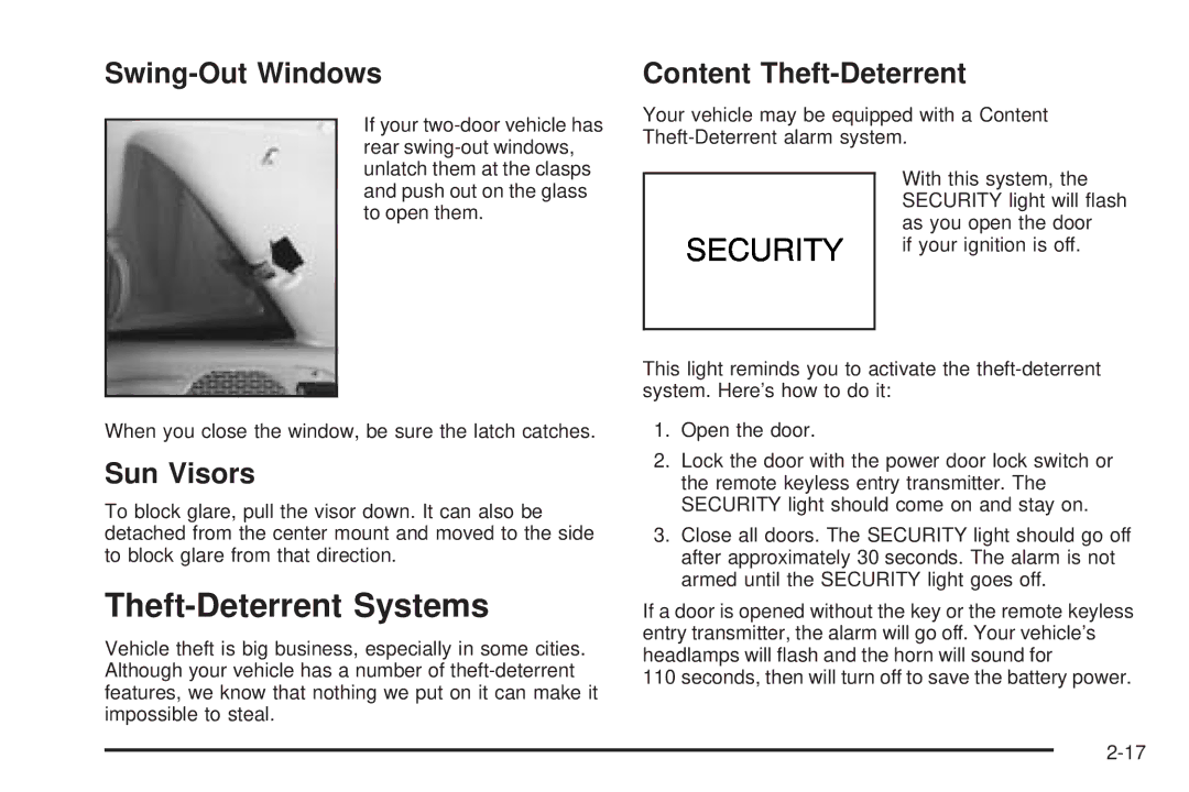 Chevrolet 2005 owner manual Theft-Deterrent Systems, Swing-Out Windows, Sun Visors, Content Theft-Deterrent 