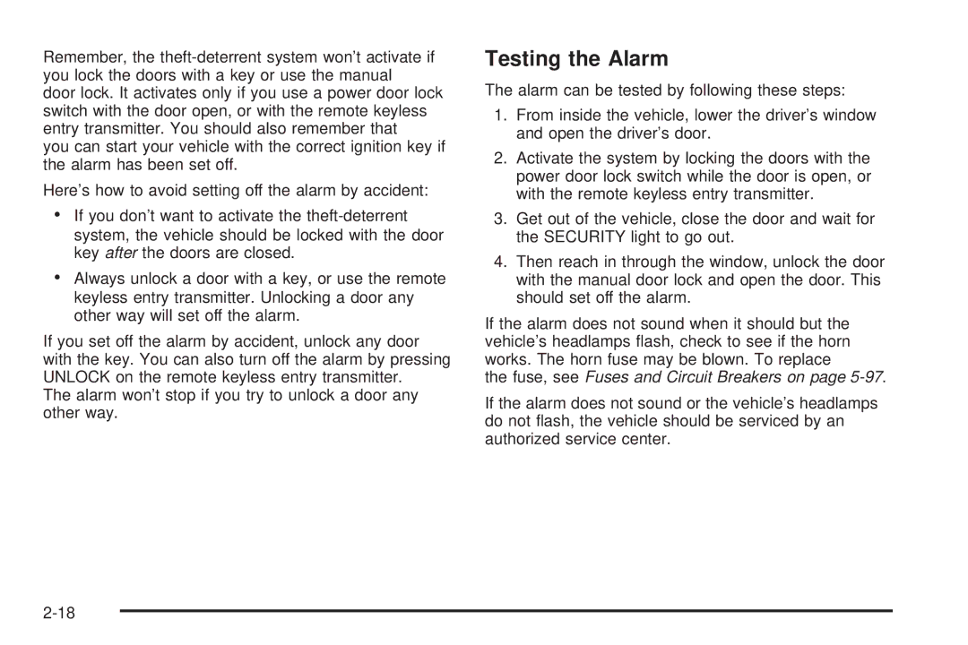 Chevrolet 2005 owner manual Testing the Alarm, Fuse, see Fuses and Circuit Breakers on 