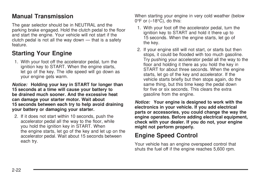 Chevrolet 2005 owner manual Manual Transmission, Starting Your Engine, Engine Speed Control 