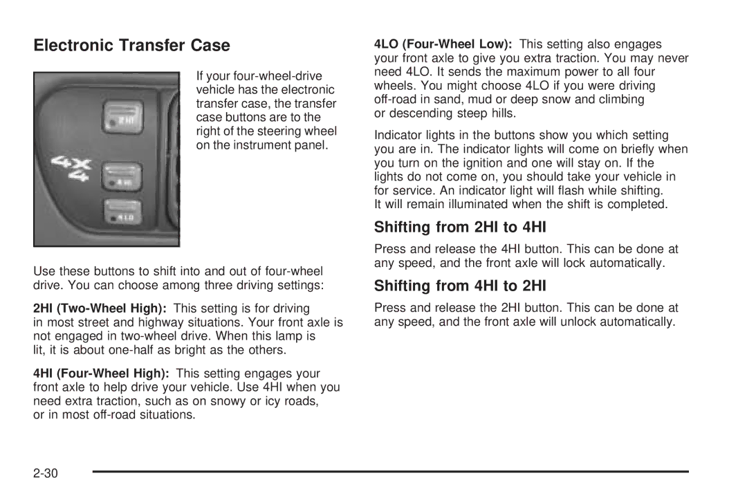 Chevrolet 2005 owner manual Electronic Transfer Case, Shifting from 2HI to 4HI, Shifting from 4HI to 2HI 