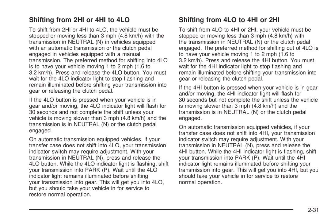 Chevrolet 2005 owner manual Shifting from 2HI or 4HI to 4LO, Shifting from 4LO to 4HI or 2HI 