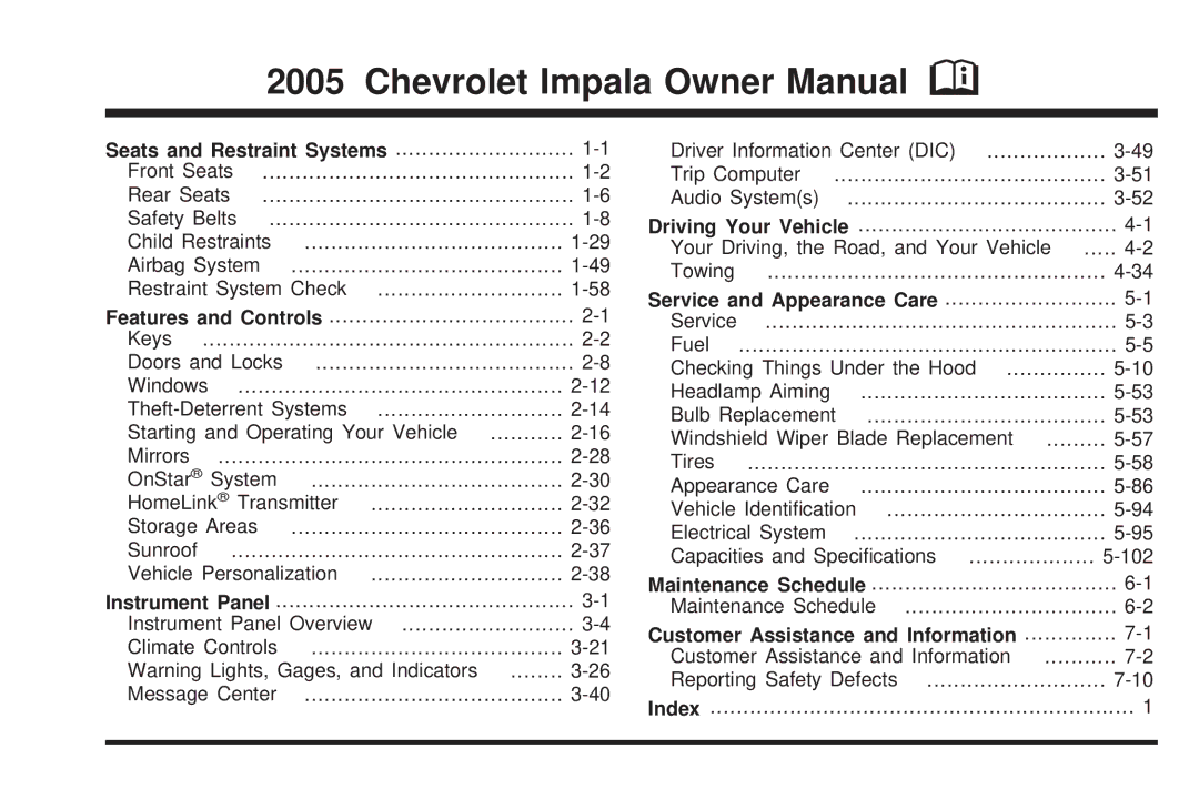 Chevrolet 2005 owner manual Seats and Restraint Systems, Service and Appearance Care, Customer Assistance and Information 