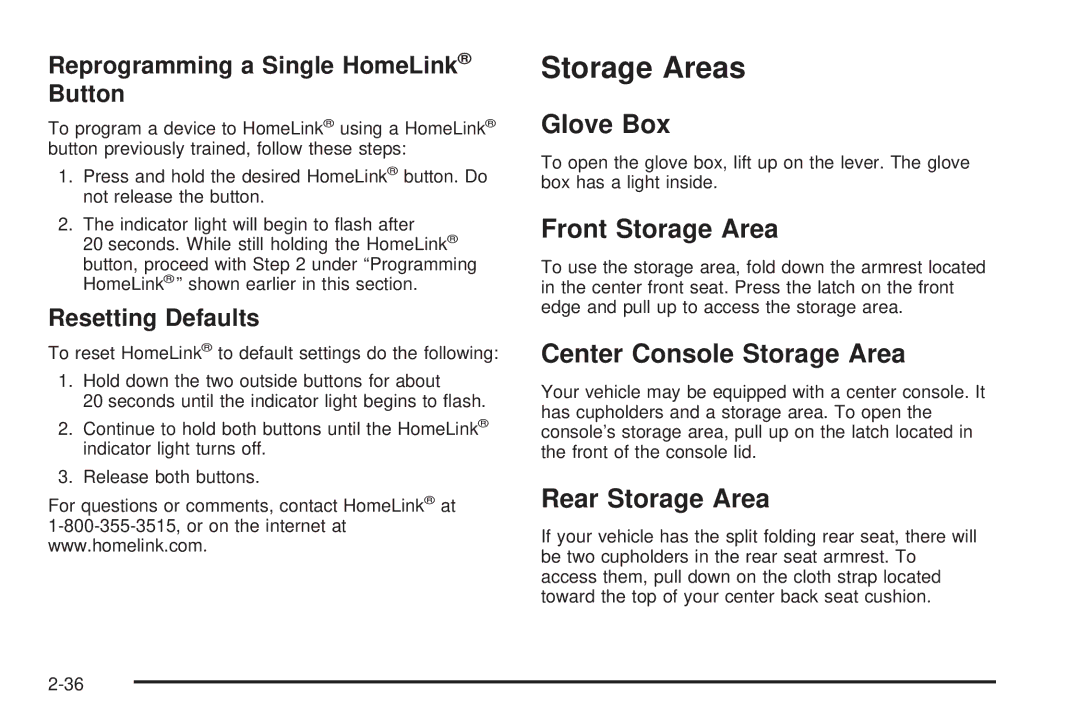 Chevrolet 2005 owner manual Storage Areas, Glove Box, Front Storage Area, Center Console Storage Area, Rear Storage Area 