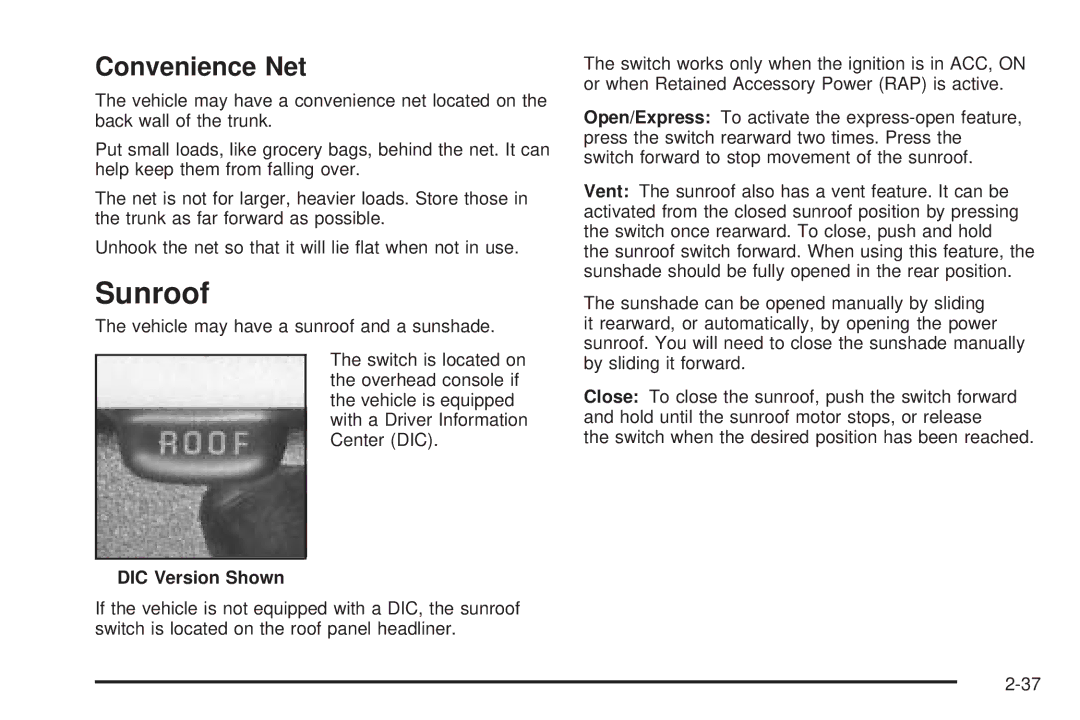 Chevrolet 2005 owner manual Sunroof, Convenience Net, DIC Version Shown 