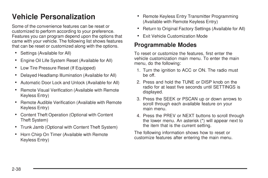 Chevrolet 2005 owner manual Vehicle Personalization, Programmable Modes 