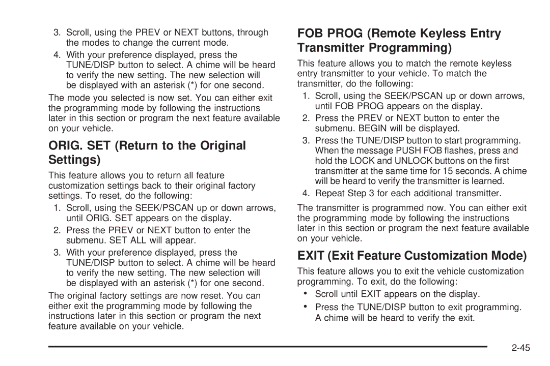 Chevrolet 2005 ORIG. SET Return to the Original Settings, FOB Prog Remote Keyless Entry Transmitter Programming 