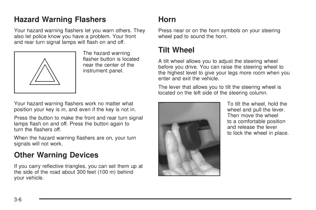 Chevrolet 2005 owner manual Hazard Warning Flashers, Other Warning Devices, Horn, Tilt Wheel 