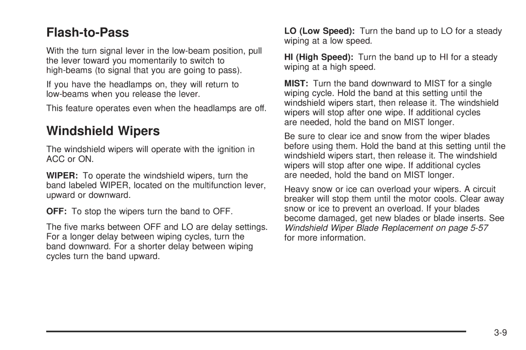 Chevrolet 2005 owner manual Flash-to-Pass, Windshield Wipers 