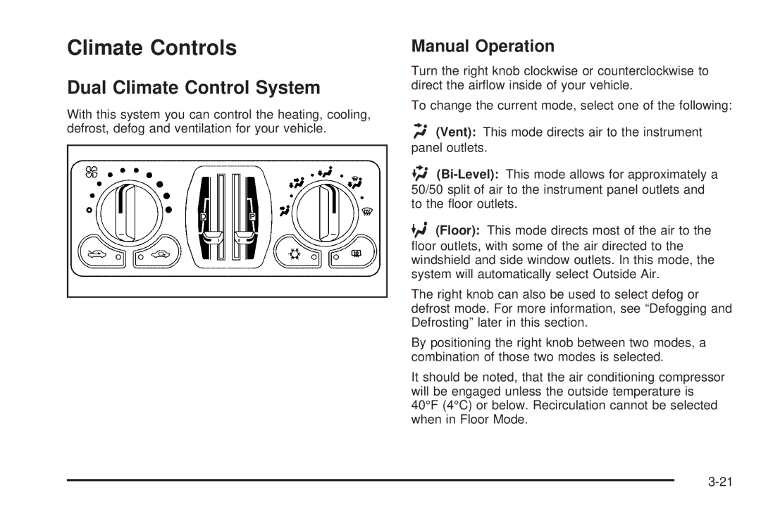 Chevrolet 2005 owner manual Climate Controls, Dual Climate Control System, Manual Operation 