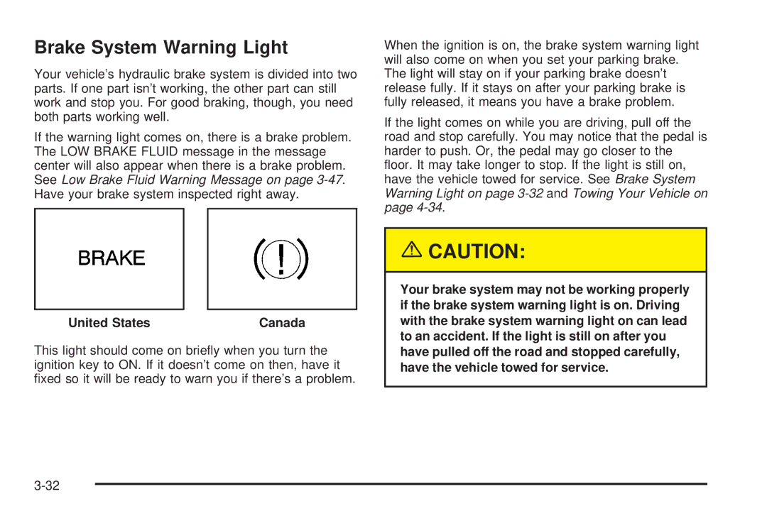 Chevrolet 2005 owner manual Brake System Warning Light, United States Canada 