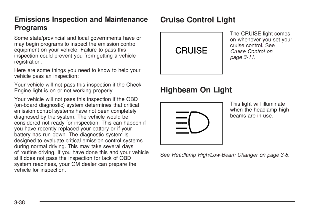 Chevrolet 2005 owner manual Cruise Control Light, Highbeam On Light, Emissions Inspection and Maintenance Programs 