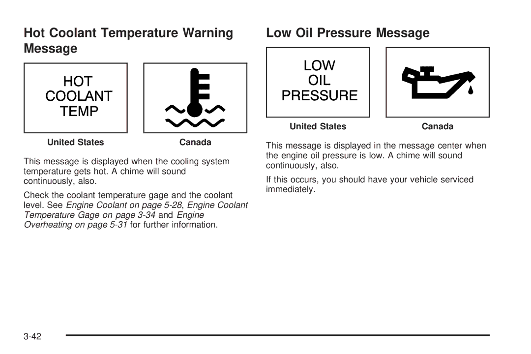 Chevrolet 2005 owner manual Hot Coolant Temperature Warning Low Oil Pressure Message 