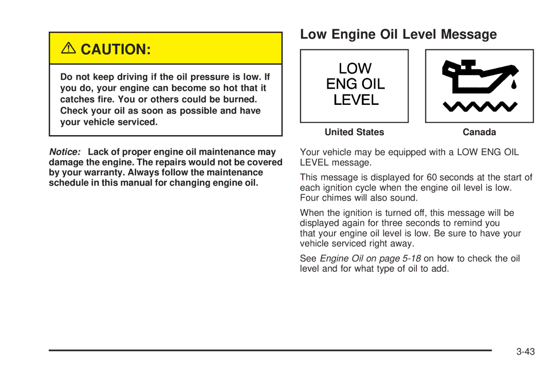 Chevrolet 2005 owner manual Low Engine Oil Level Message 