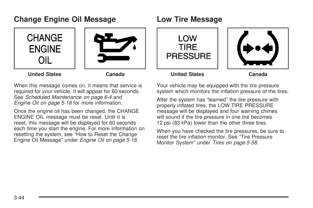 Chevrolet 2005 owner manual Change Engine Oil Message, Low Tire Message 