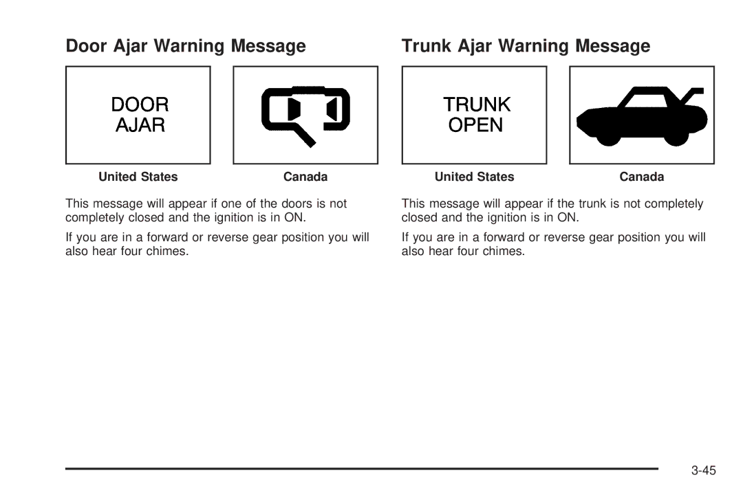 Chevrolet 2005 owner manual Door Ajar Warning Message, Trunk Ajar Warning Message 