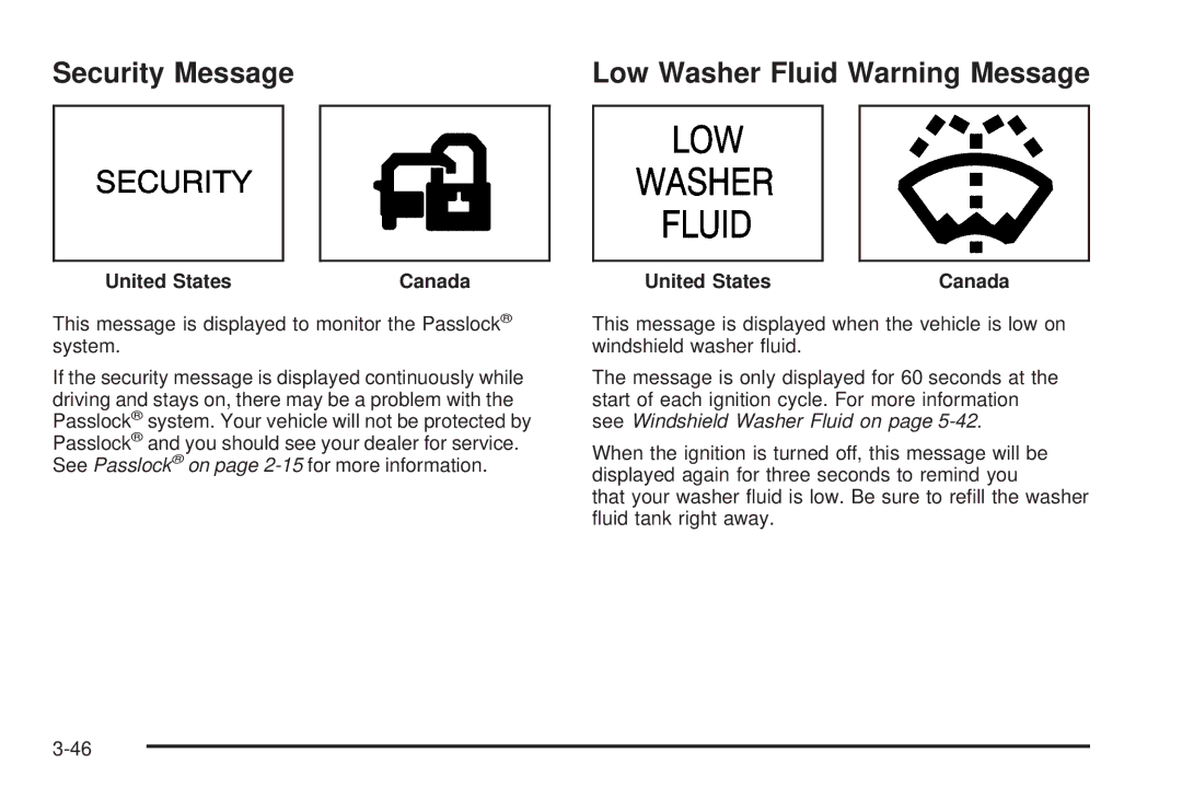 Chevrolet 2005 owner manual Security Message, Low Washer Fluid Warning Message 