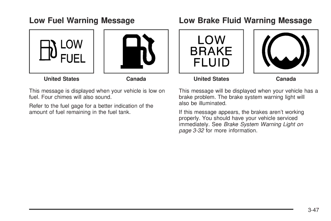 Chevrolet 2005 owner manual Low Fuel Warning Message, Low Brake Fluid Warning Message 