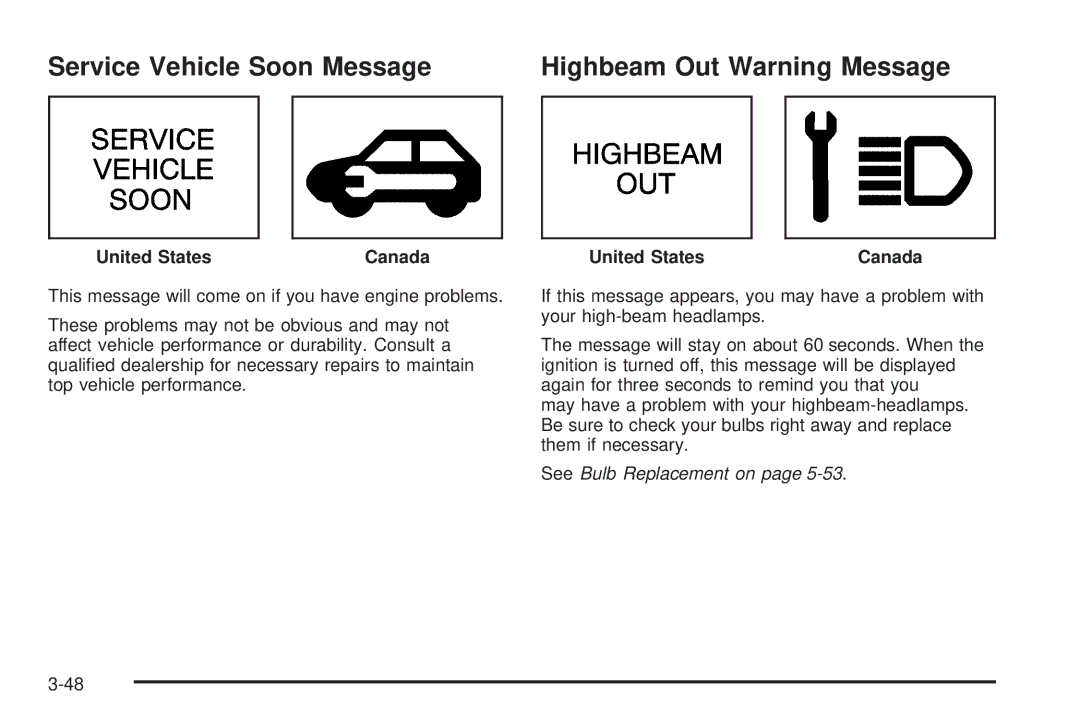 Chevrolet 2005 owner manual Service Vehicle Soon Message Highbeam Out Warning Message 