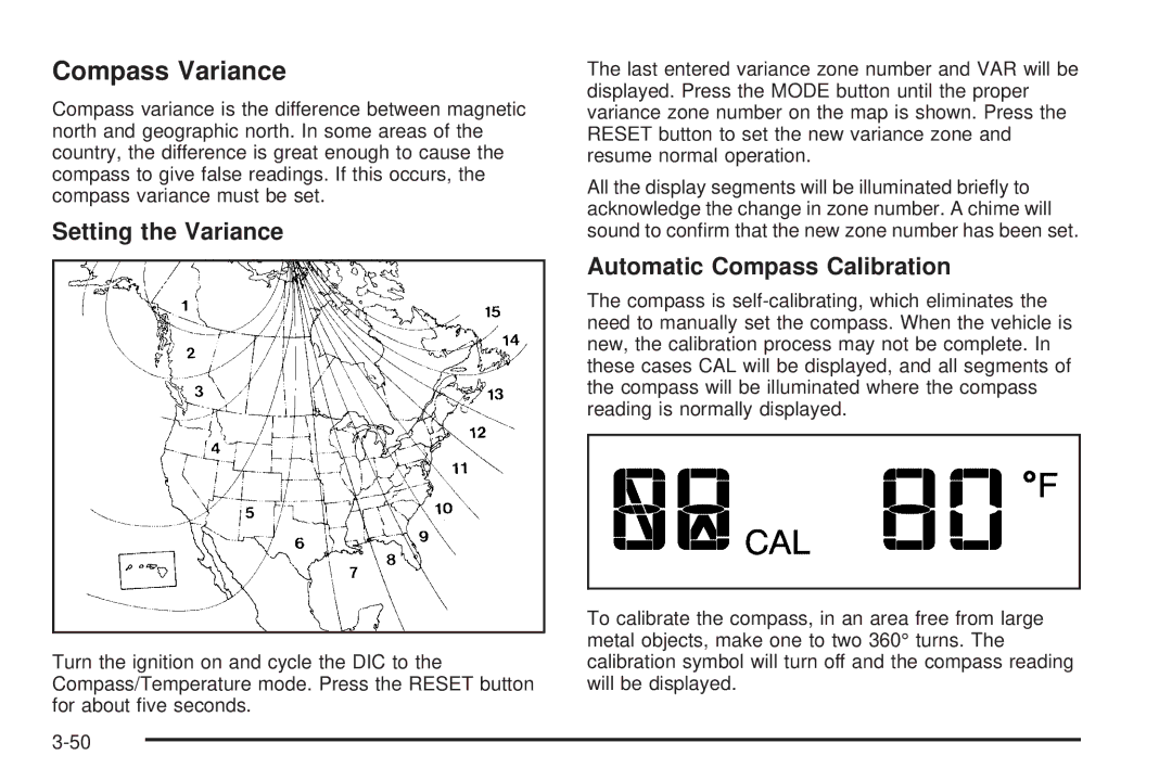 Chevrolet 2005 owner manual Compass Variance, Setting the Variance, Automatic Compass Calibration 