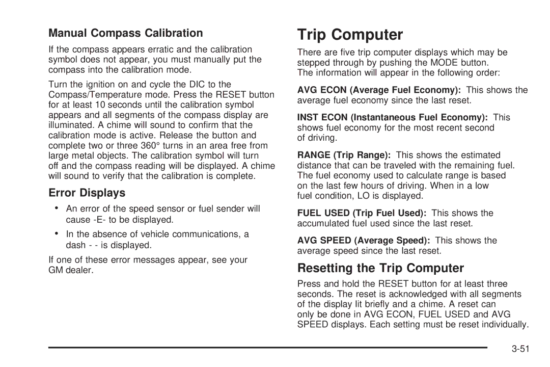 Chevrolet 2005 owner manual Resetting the Trip Computer, Manual Compass Calibration, Error Displays 