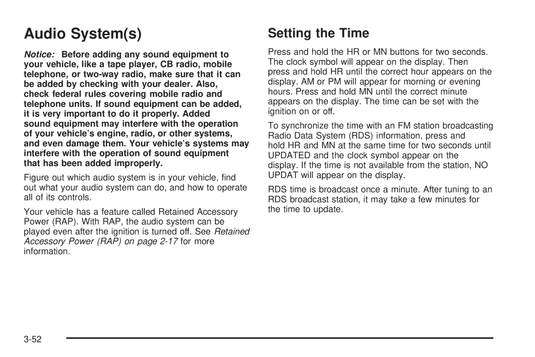 Chevrolet 2005 owner manual Audio Systems, Setting the Time 