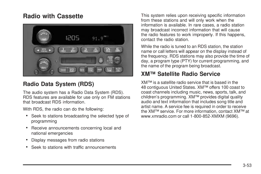 Chevrolet 2005 owner manual Radio with Cassette, Radio Data System RDS, XM Satellite Radio Service 