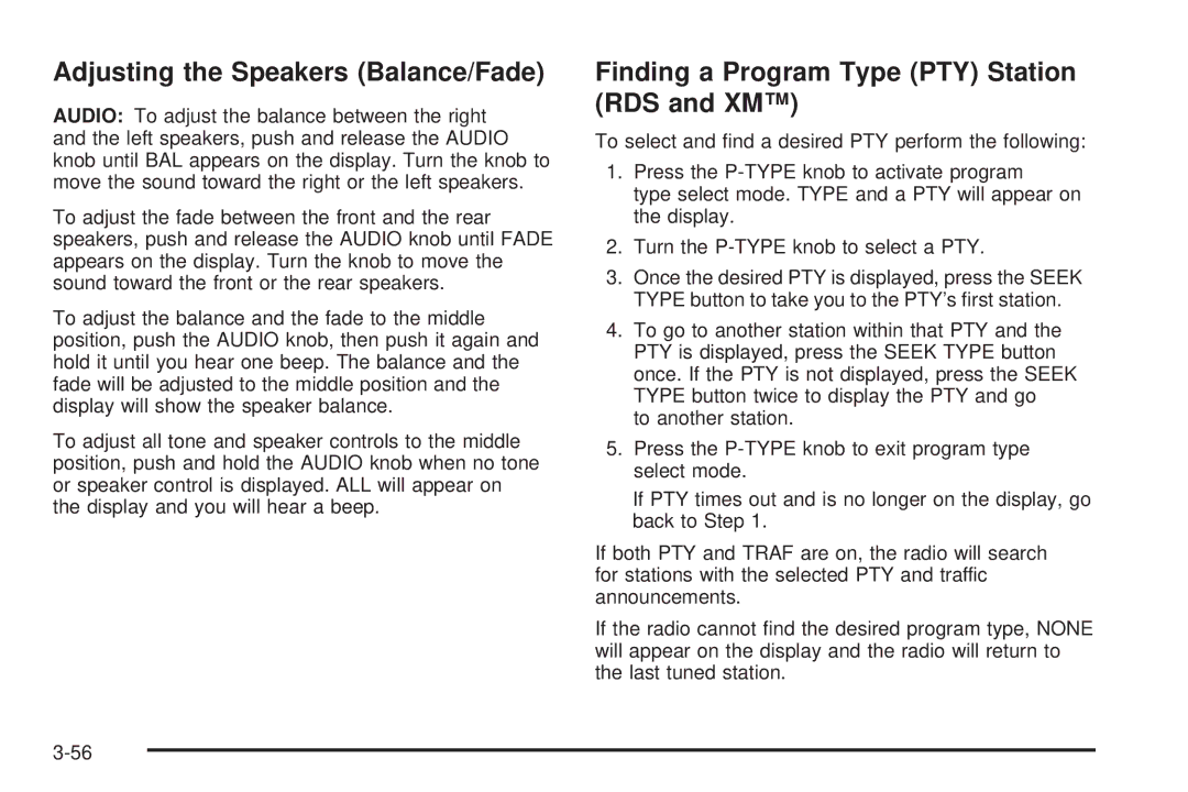 Chevrolet 2005 owner manual Adjusting the Speakers Balance/Fade, Finding a Program Type PTY Station RDS and XM 