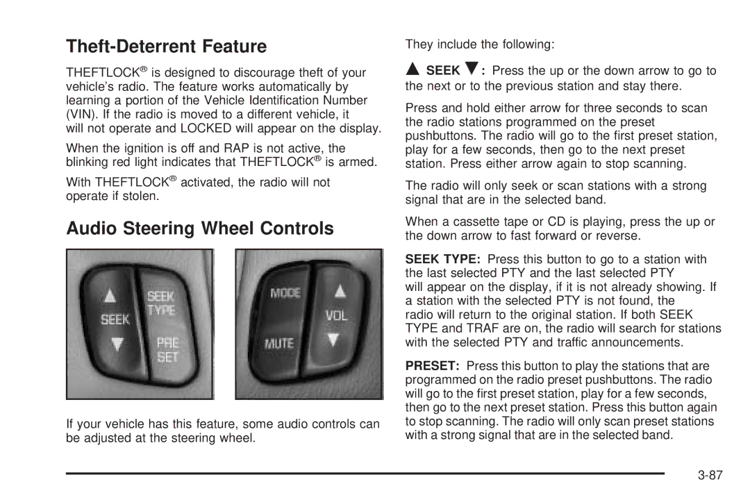 Chevrolet 2005 owner manual Theft-Deterrent Feature, Audio Steering Wheel Controls 