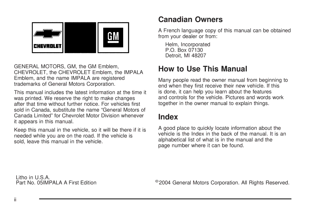 Chevrolet 2005 owner manual Canadian Owners, How to Use This Manual, Index 