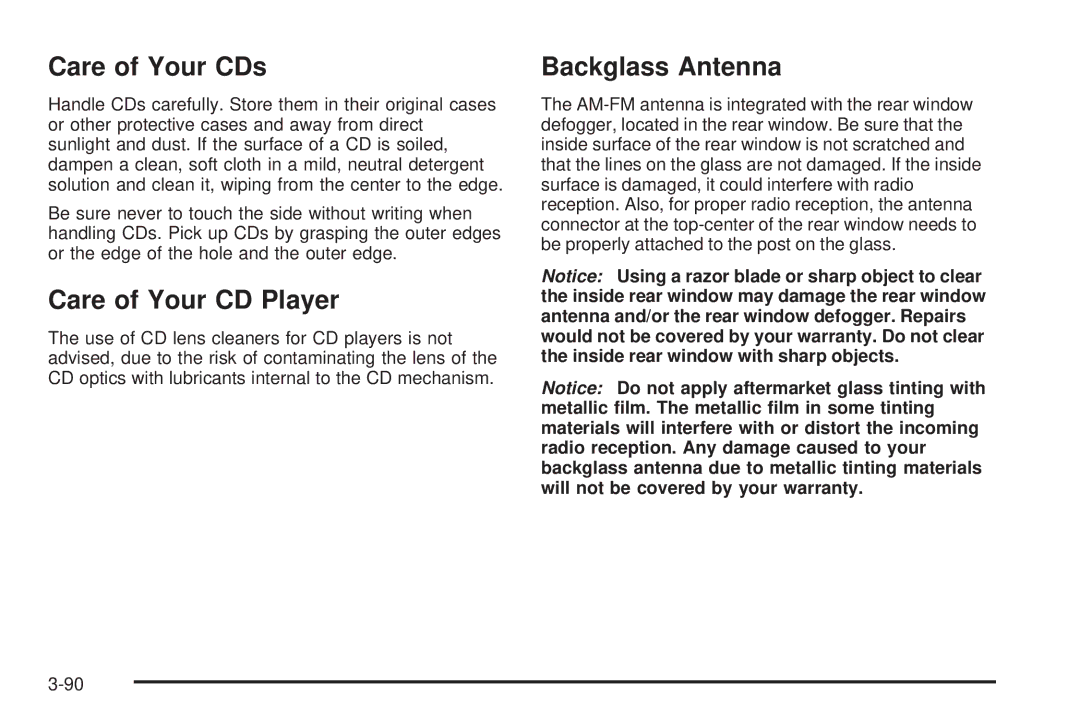 Chevrolet 2005 owner manual Care of Your CDs, Care of Your CD Player, Backglass Antenna 