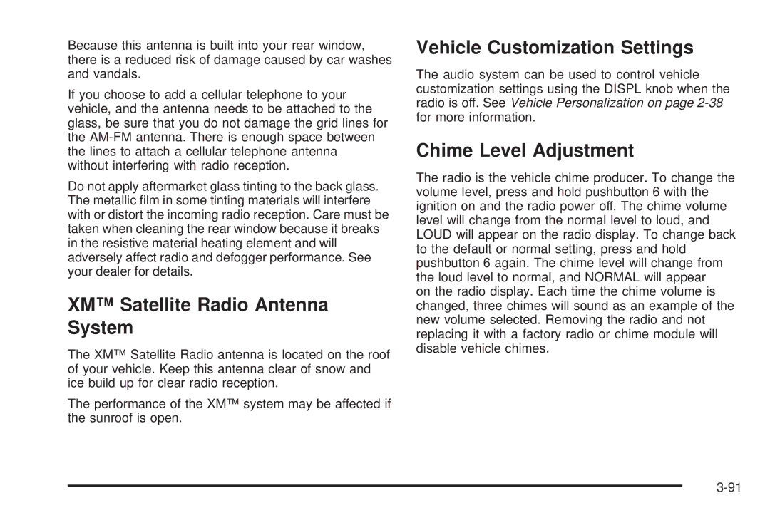 Chevrolet 2005 owner manual XM Satellite Radio Antenna System, Vehicle Customization Settings, Chime Level Adjustment 