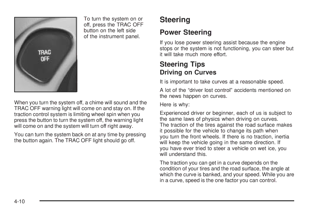 Chevrolet 2005 owner manual Power Steering, Steering Tips, Driving on Curves 