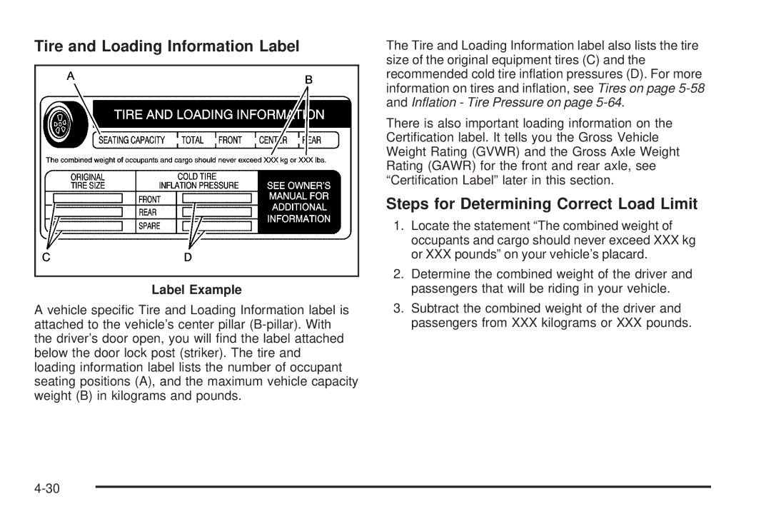 Chevrolet 2005 owner manual Tire and Loading Information Label, Steps for Determining Correct Load Limit, Label Example 