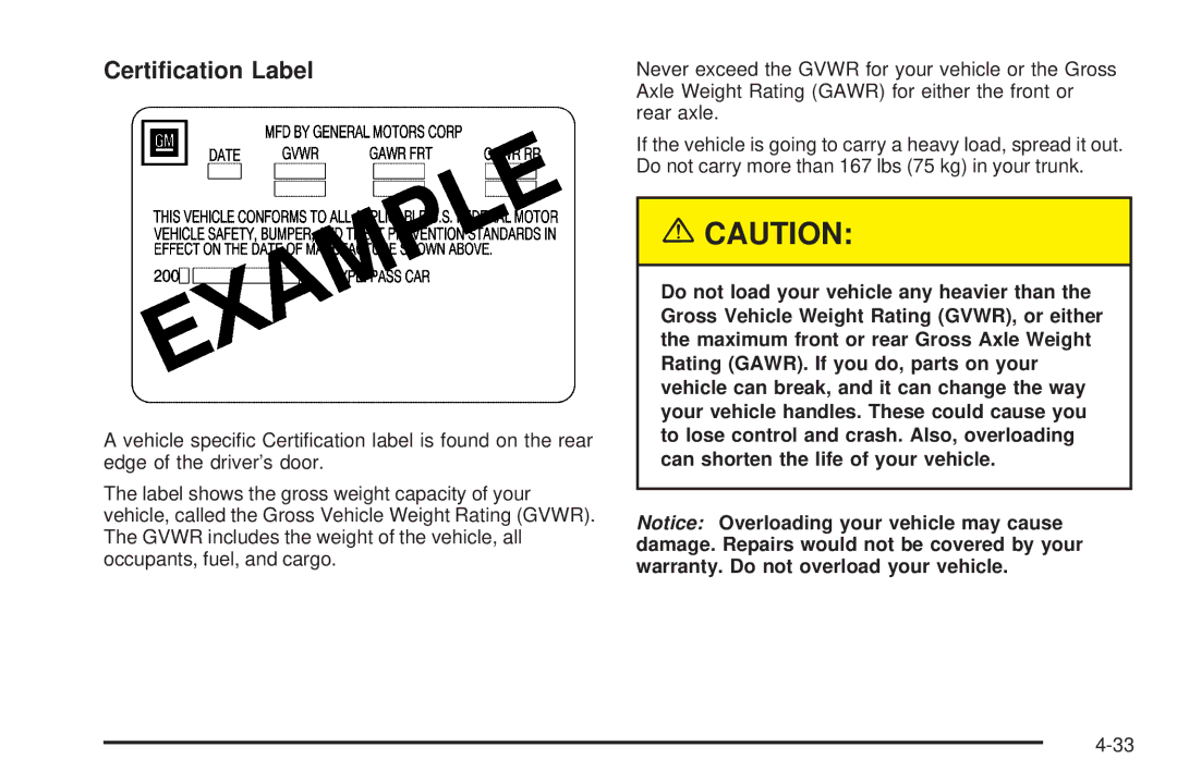 Chevrolet 2005 owner manual Certiﬁcation Label 