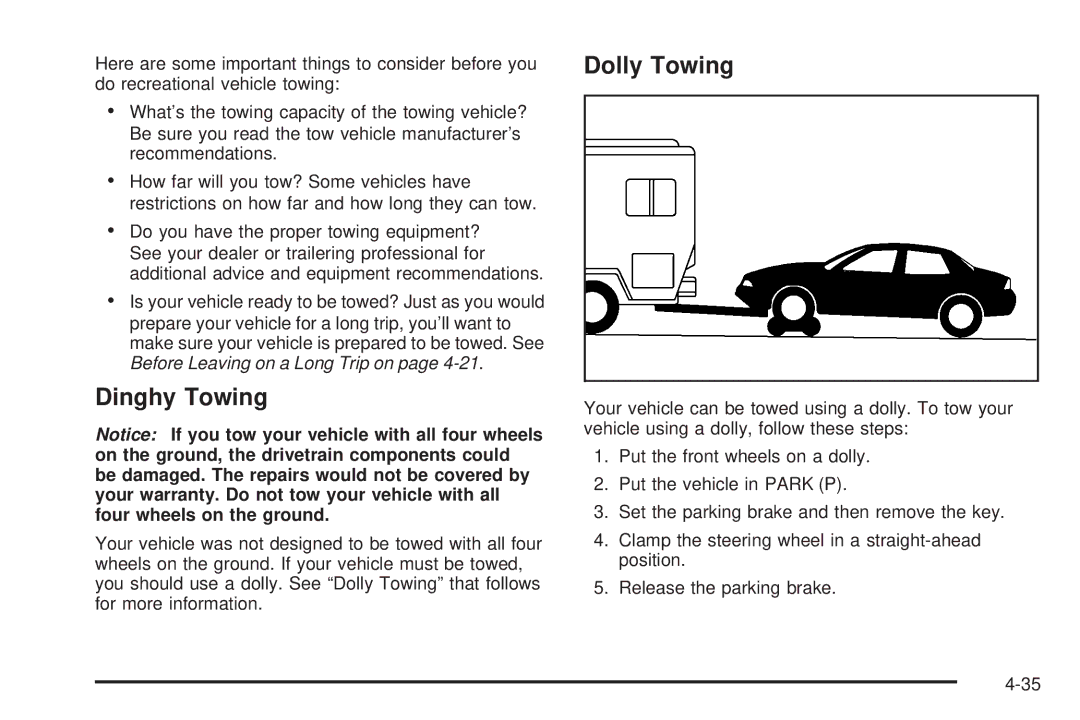 Chevrolet 2005 owner manual Dinghy Towing, Dolly Towing 