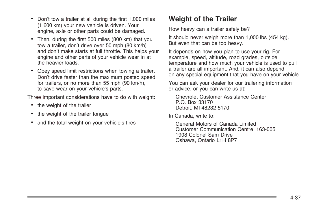 Chevrolet 2005 owner manual Weight of the Trailer 