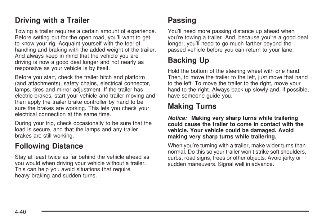 Chevrolet 2005 owner manual Driving with a Trailer, Following Distance, Passing, Backing Up, Making Turns 