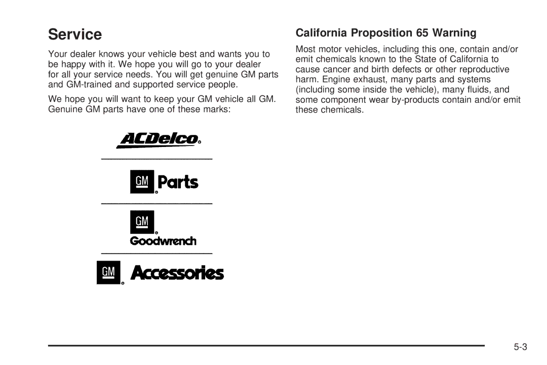 Chevrolet 2005 owner manual Service, California Proposition 65 Warning 