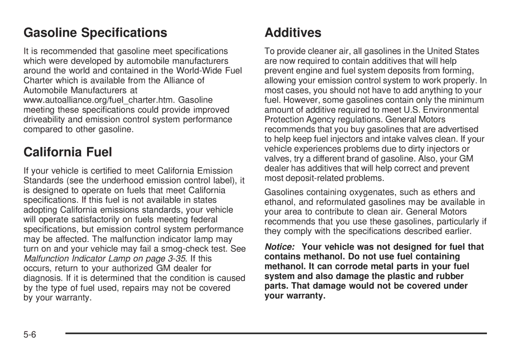 Chevrolet 2005 owner manual Gasoline Speciﬁcations California Fuel, Additives 