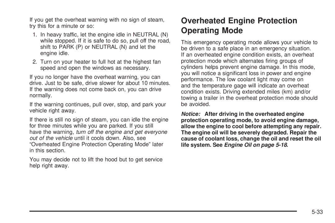 Chevrolet 2005 owner manual Overheated Engine Protection Operating Mode 