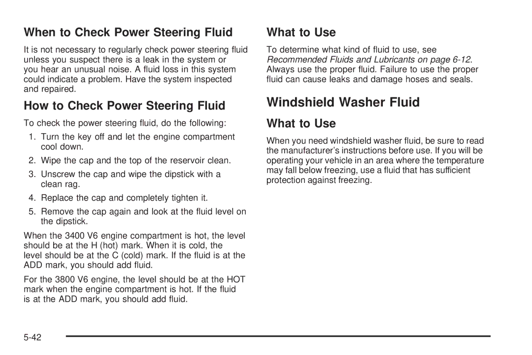 Chevrolet 2005 owner manual Windshield Washer Fluid, When to Check Power Steering Fluid, How to Check Power Steering Fluid 