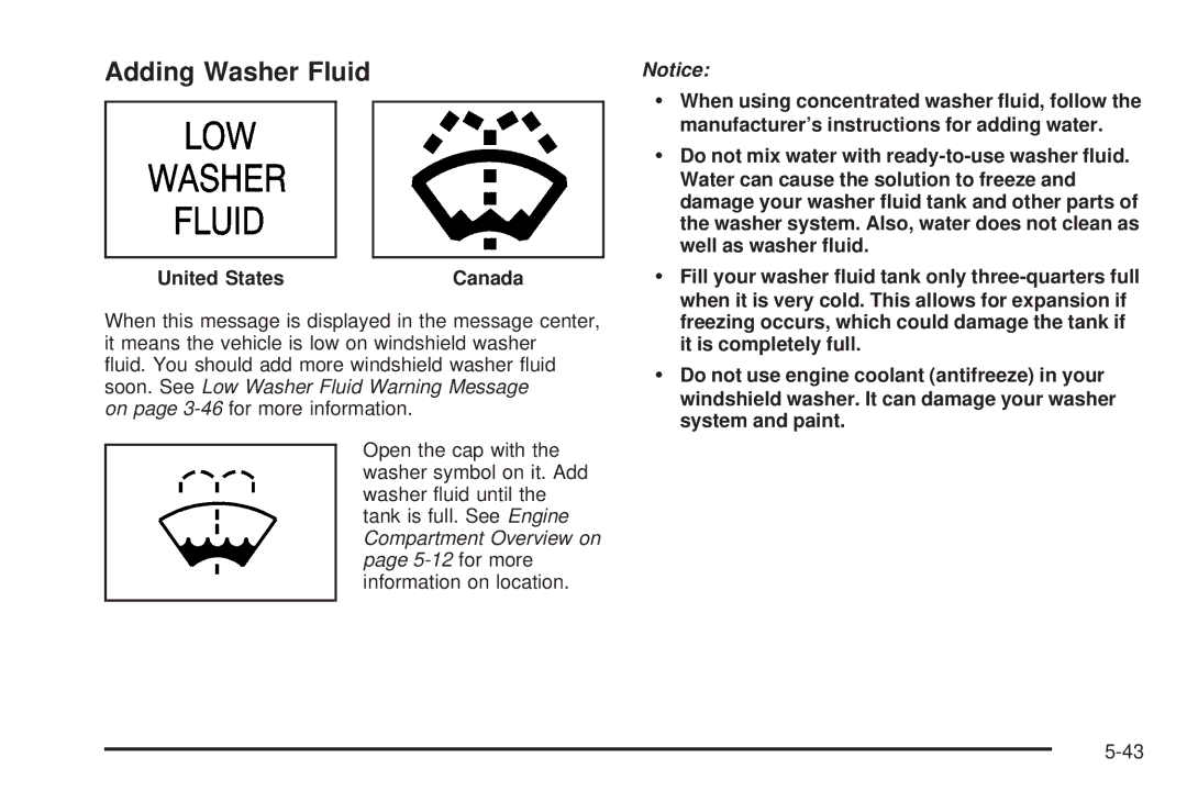 Chevrolet 2005 owner manual Adding Washer Fluid, United States Canada 