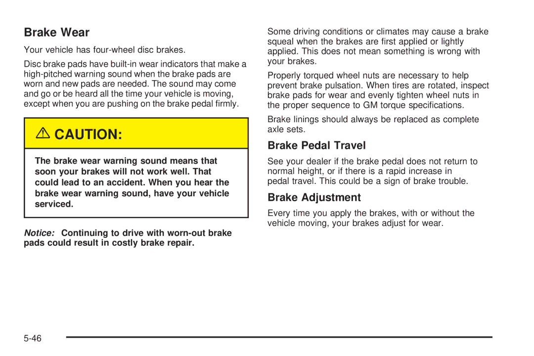 Chevrolet 2005 owner manual Brake Wear, Brake Pedal Travel, Brake Adjustment 