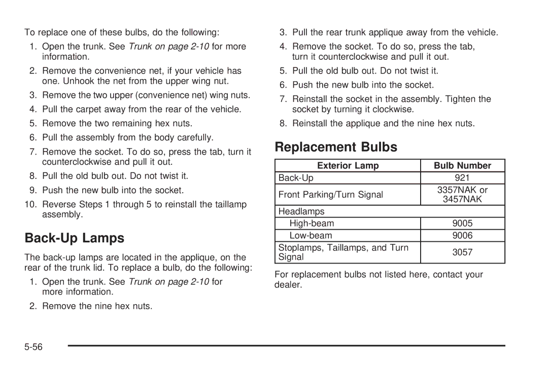 Chevrolet 2005 owner manual Back-Up Lamps, Replacement Bulbs, Exterior Lamp Bulb Number 