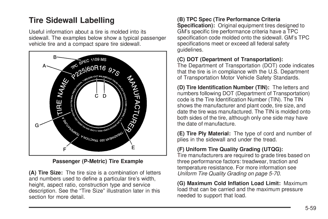 Chevrolet 2005 owner manual Tire Sidewall Labelling, Passenger P-Metric Tire Example, Uniform Tire Quality Grading Utqg 