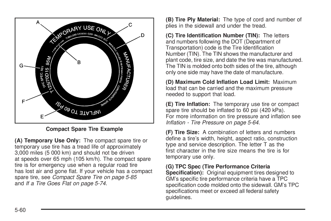 Chevrolet 2005 owner manual Compact Spare Tire Example, Tire Identiﬁcation Number TIN The letters 