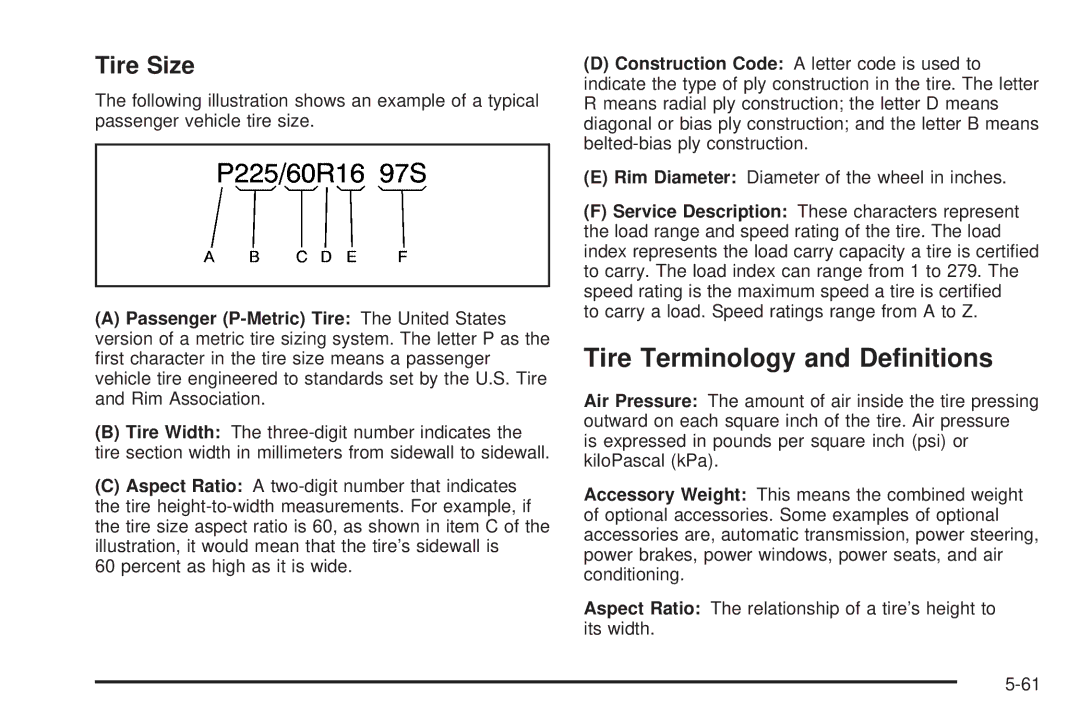 Chevrolet 2005 owner manual Tire Terminology and Deﬁnitions, Tire Size 