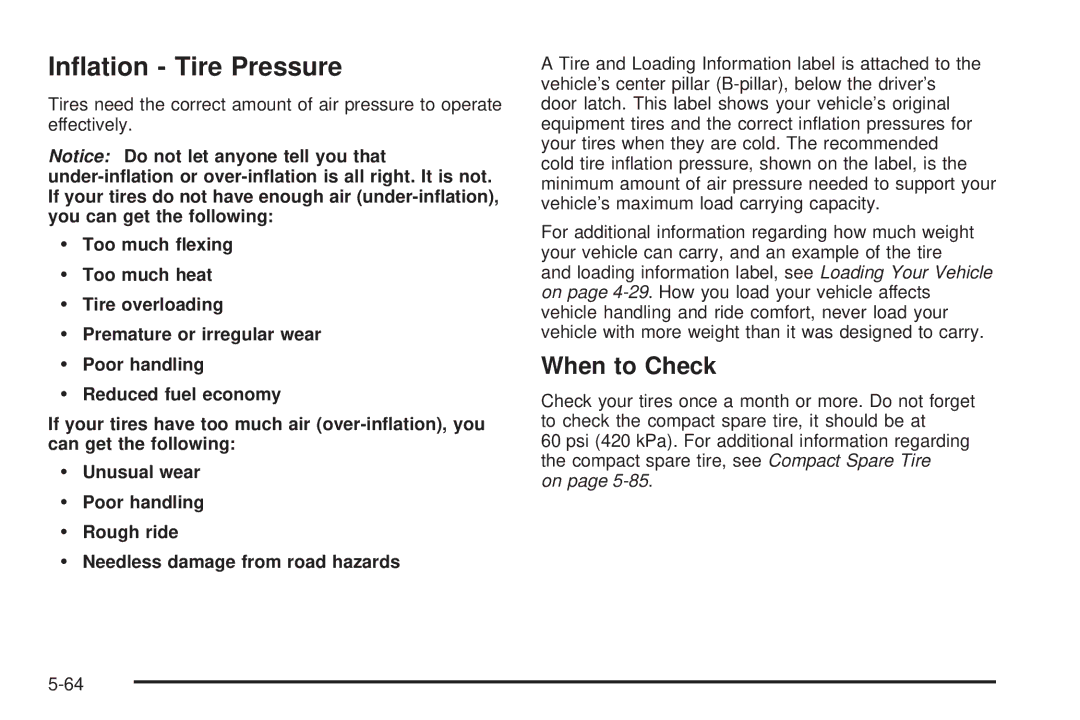 Chevrolet 2005 owner manual Inﬂation Tire Pressure, When to Check 