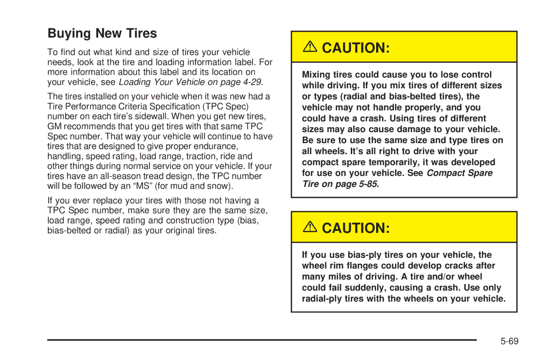 Chevrolet 2005 owner manual Buying New Tires 