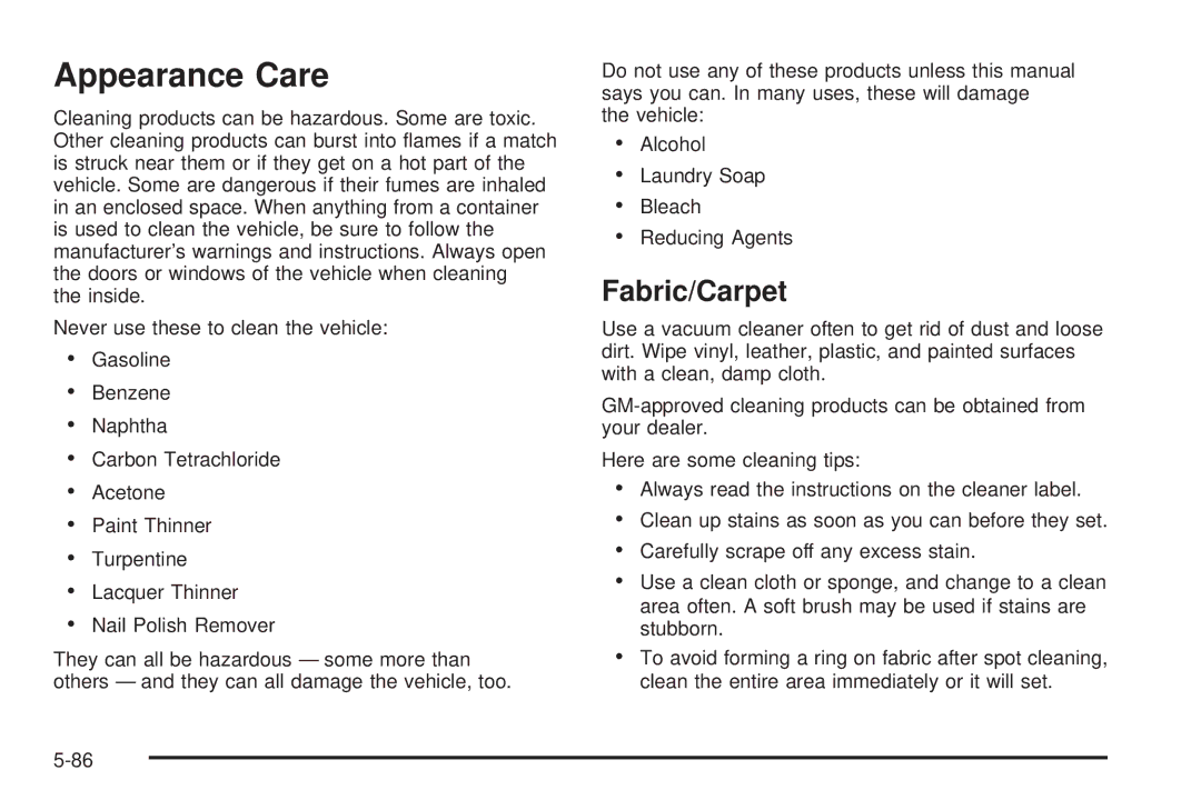 Chevrolet 2005 owner manual Appearance Care, Fabric/Carpet 